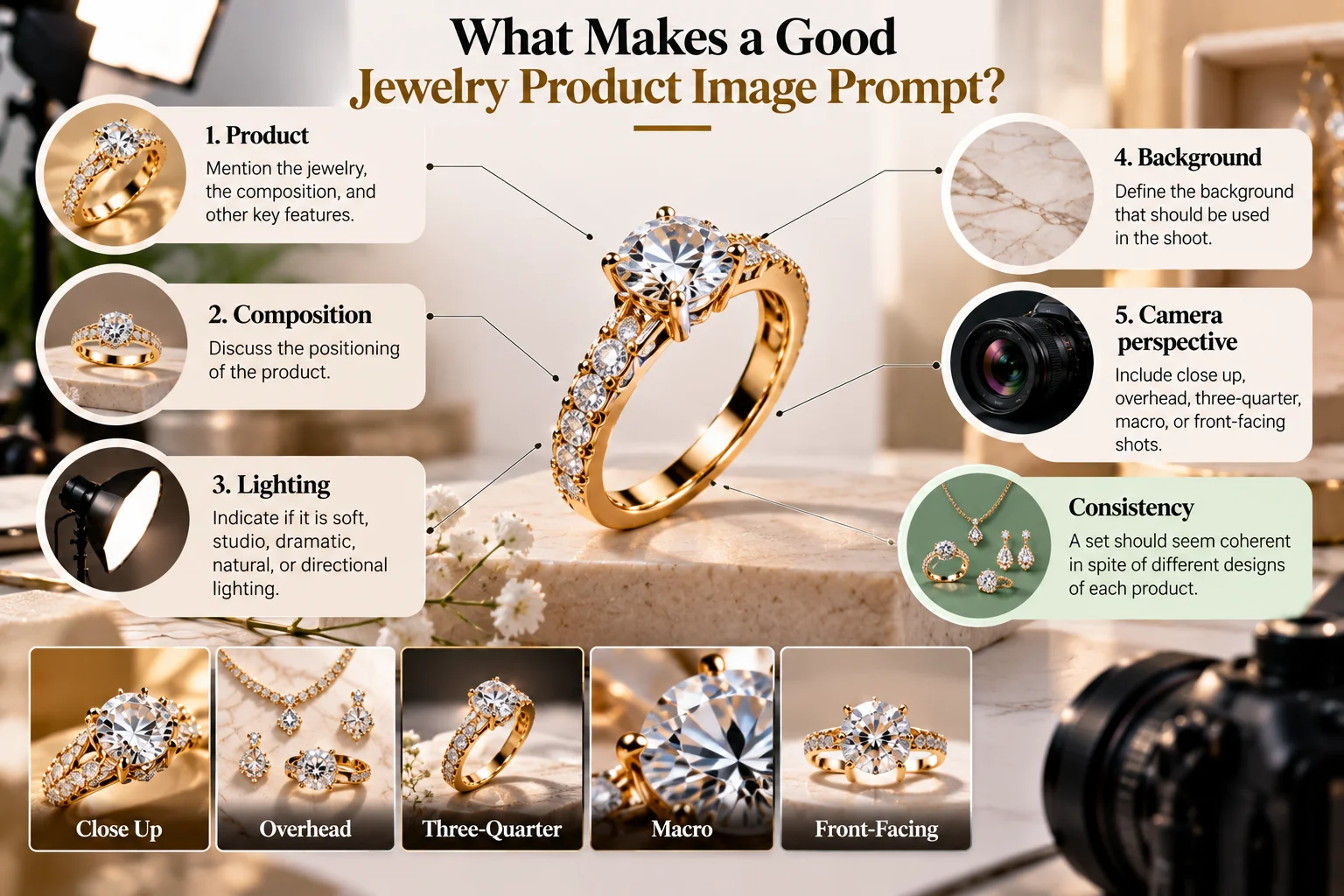 High-quality product photography can make a major difference in jewelry e-commerce. Customers cannot physically touch or examine an item online, so product images need to communicate details such as shape, finish, proportions, texture, stone setting, and overall styling as clearly as possible.
A good way to achieve consistency in your visuals is by using image prompts that are structured. If you are taking photos of actual products, creating concepts through AI-generated images, or doing professional photography, using prompts will allow you to specify the subject, composition, lighting, background, angle of view, and style.
This list offers 100 image prompts for jewelry e-commerce products featuring clean jewelry photography, men’s jewelry, statement jewelry, lifestyle, closeups, luxury compositions, and social commerce images.
What Makes a Good Jewelry Product Image Prompt?
Five main components should be addressed when developing an effective prompt:
Product: Mention the jewelry, the composition, and other key features.
Composition: Discuss the positioning of the product.
Lighting: Indicate if it is soft, studio, dramatic, natural, or directional lighting.
Background: Define the background that should be used in the shoot.
Camera perspective: Include close up, overhead, three-quarter, macro, or front-facing shots.
Consistency is of great significance in e-commerce. A set should seem coherent in spite of different designs of each product.
100 Jewelry E-commerce Product Image Prompts
Clean E-Commerce Product Photography
1. A silver ring placed centrally in the frame surrounded by pure white space, studio lighting, reflections, crisp details, high-quality e-commerce product photo.
2. Silver bracelet for men in a minimalist commercial photograph lying flat on a light grey background.
3. Silver pendant photographed from head-on with a smooth white background, clarity and proportions, shadow.
4. Two symmetric silver earrings on a white studio background with diffused lighting, metallic texture.
5. Silver chain in a refined circular photo, white background, control of reflections.
6. Chubby men’s silver bracelet against neutral background, three-quarter view, softbox lighting, detailed chain links and polished surfaces.
7. Minimalistic silver neckpiece captured vertically on a white background, shadow created by the jewelery, high quality product catalog photograph.
8. Silver ring captured from an upward angle, white seamless background, sharp focus, real highlight and shadows.
9. Several silver bracelets arranged in a parallel setup, neutral background, lighting, quality online store photography.
10. Close-up silver pendant captured inside a square arrangement, bright neutral background, sharp edges, real silver reflections.
Men's Silver Jewelry Prompts
11. Silver men’s bracelet shot on black charcoal background with striking yet subtle lighting, metallic sheen, men’s luxury jewelry design.
12. Men’s silver bracelet with detailed links shot in a three-quarter perspective with soft directional lighting and a dark neutral background, professional product photography.
13. Large men’s silver bracelet shot diagonally on a black stone surface with reflected lights and premium editorial product photography.
14. Extreme close-up photo of men’s silver bracelet with visible details of link texture and polish, macro photography and shallow depth of field.
15. Rugged silver bracelet photographed with some subtle shadows, neutral gray concrete background and a realistic metallic look; modern style for men’s fashion.
16. Shiny silver bracelet photographed from above with central composition on a gray background with soft diffuse lighting.
17. A men’s silver bracelet along with a plain silver ring with minimalist design, neutral background, balanced lighting, and high-end online commerce.
18. A large silver bracelet set on a black velvet material in studio lighting with minute details of reflections, showcasing men’s jewelry beautifully.
19. A contemporary silver bracelet captured on a tan-colored background using natural lighting and real-life shadow effects for the purpose of contemporary product photography.
20. A male silver bracelet featuring minute details captured in the air on a neutral-colored background using rim lighting and razor-sharp focusing.
For online stores specializing in men's accessories, a dedicated product collection can help shoppers explore different styles. A curated selection of Men’s Silver Bracelet designs can also provide useful visual inspiration when planning photography concepts.
Hip-Hop Jewelry Prompts
21. A very appealing ice-out pendant on a black background and sparkling stones with rim light.
22. An impressive pendant on a silver chain on a dark background, the reflection of excellent hip-hop jewelry photography.
23. An elegant hip-hop diamond style pendant captured in macro details and with sharp reflections of the stone and edges.
24. Chunky silver chain laid next to a statement pendant on a black reflective background and directional lighting, a luxury street wear photography style.
25. A dramatic pendant statement necklace shot from below with intense light and a very dark background with strong metal texture.
26. An iced out silver pendant captured on a black velvet background in square proportions.
27. Rough textured concrete background, side lighting, urban location, realistic shadows, streetwear jewelry showcase.
28. Big silver hip-hop pendant with thick chain, three-quarters angle view, neutral background, metallic textures.
29. Close up photo of silver gemstone jewelry, studio lighting, clearly shown stones, professionally taken for advertising purpose.
30. Smoky gray background, big silver pendant, slight atmospheric effect, dramatic highlight.
When creating promotional visuals for the U.S. market, a collection such as hip hop jewelry usa can provide useful context for developing urban, statement-focused imagery without making every product image look identical.
White Background Prompts
31. A silver bracelet placed against an immaculate white background, evenly lit on both sides, faithful color rendition, soft natural shadow, catalogue-style photo.
32. A silver necklace on a seamless white background, evenly-spaced chain, symmetrical design, excellent product photography.
33. A silver ring standing up straight on white, softened shadows, razor sharp focus, commercial quality photography.
34. Two sets of silver earrings placed equally apart from each other on a white background, softly lit, professional photograph.
35. A silver pendant lying flat on a white background and designed to be seen head-on, balanced exposure, distraction free photograph.
36. Three men's silver bracelets photographed from smallest to largest on white, identical lighting and perspective.
37. A silver chain photographed in its natural state, without any overlap, white seamless background, clear links and reflections.
38. A silver bracelet photographed with a soft shadow underneath, centered and high key lighting, professional online store photograph.
39. A minimalistic silver pendant photographed vertically against white background, proportions accurate, sharp angles, realistic material portrayal.
40. A full silver jewelry set displayed neatly against a white background, uniform spacing, soft lighting, professional photograph.
Luxury Product Photography
41. A highly polished silver bracelet placed upon dark marble in soft light with reflections, luxury jewelry photograph.
42. A highly polished silver pendant placed upon black velvet in dramatic side light with contrasts, luxury photograph.
43. A silver ring with reflective elements in studio light, luxury commercial photograph.
44. A silver necklace set elegantly on a dark charcoal material with soft highlights and shadows, luxury editorial photograph.
45. A silver bracelet for men with a textured black background that has been lit with directional lights.
46. A silver pendant with slight metallic reflection against a black background and illuminated with studio lighting, cinematic photo.
47. A silver bracelet placed next to folded premium fabric, studio lighting and lifestyle photograph.
48. A silver ring photographed against a dark gradient background with intense highlights and an elegant three-dimensional finish.
49. A silver necklace with a flowing pattern against a black velvet background with soft spot lighting.
50. A silver men's bracelet shot with strong edge lighting, dark background, clear silhouette, sophisticated commercial photograph.
Macro and Detail Prompts
51. Extremely close up picture of a silver bracelet link chain detailing its texture, smooth edges, and true reflections.
52. Close up picture of an intricately engraved silver pendant using shallow depth of field and soft studio lights.
53. Close up picture of a silver bracelet chain clasp detailing its metal work.
54. Macro shot of gemstone settings in a silver pendant showing each stone, real reflections and studio lighting.
55. Very detailed close-up shot of a silver ring with actual reflections, highlights, and imperfections in the metal.
56. Close-up shot of silver bracelet links chained together where the middle is in sharp focus while the background is slightly blurred out.
57. Macro shot of silver jewelry with engraving against a studio backdrop without any color with metallic highlights.
58. Close-up picture of a connector of a silver chain, compositionally clean with proper focus and polished finish.
59. Picture of the edge of a pendant to depict its thickness and quality, shadow and resolution-based commercial photography.
60. Close-up picture of a silver bracelet clasp with proper reflections, neutral background and focus.
Lifestyle Jewelry Prompts
61. Men’s silver bracelet with a black casual shirt, natural daylight, modern urban setting, realistic lifestyle photography.
62. Silver bracelet paired with denim jacket, outdoors in a city environment, soft natural light, genuine fashion photography.
63. Eye-catching silver pendant with a dark streetwear outfit, urban environment, natural light, modern fashion photography.
64. Men’s silver bracelet with a minimal watch, neutral colors, clean lifestyle photo, realistic photography.
65. Silver pendant with a solid white T-shirt, soft natural light, pure background, fashion photography.
66. Silver bracelet against the evening city, soft background light, real skin and metal textures, professional lifestyle photography.
67. Jewelry design in a bold hip-hop style, matching urban fashion and architecture, natural light.
68. Silver men's bracelet on a model's hand against the studio background, realistic skin effect, fashion commerce photography.
69. Silver necklace matched to a black leather jacket, city background, cinematographic natural light, modern men's fashion.
70. Silver bracelet worn with casual clothing and sneakers, urban environment, authentic product photography.
Social Media Product Prompts
71. Silver bracelet as a focus element in a square social media composition with a neutral background, dramatic soft lighting, premium visual hierarchy.
72. Statement pendant with a vertical composition shot for mobile view with a dark background and glittering highlights.
73. Men’s silver bracelet with negative space for promotional copy with diagonal composition, clean studio environment, premium photography.
74. Collection of silver jewelry in an aesthetically pleasing layout with a flat surface and soft shadows.
75. Iced out pendant in a dark gradient background with center framing and detailed photograph for social media.
76. Silver men’s bracelet photographed with geometric shadows, contemporary background, high contrast, editorial-style social media composition.
77. Silver jewelry composition with negative space, minimal studio lighting, square composition ideal for mobile displays.
78. Silver pendant photographed at a three-quarter view, dramatic highlights, neutral background, modern social commerce photograph.
79. Silver bracelet photographed with a stack of accessories, neutral backdrop, balanced composition, luxury photography.
80. Silver jewelry photographed with a central dramatic frame, high light reflection, editorial photography.
Seasonal and Themed Prompts
81. Silver Bracelet captured in an elegant winter holiday inspired environment, subtle decorations, warm lighting, and product still taking the center stage.
82. Silver Pendant shot in a romantic winter environment with neutral colors, natural shadowing and quality winter product photography.
83. Silver Men's Bracelet shot in an elegant fall background with subtle leaf decorations, studio lighting and elegant product focus.
84. Silver Necklace shot in a sophisticated Valentine background with subtle decorations, warm lighting and elegant product photography.
85. Hip Hop Pendant shot in an urban night environment with subtle city lights, reflection and streetwear product photography.
86. A silver bracelet captured against a neutral spring background with soft lighting, natural elements and commercial photography.
87. A silver pendant captured with a beautiful gift box design, neutral and elegant lighting and realistic textures.
88. A silver bracelet for men captured with a luxury gift box, neutral background, soft directional lighting and high quality commerce photography.
89. Silver jewelry collection captured as a luxury gifting collection with minimal props, reflections and commercial composition.
90. An intricate silver pendant captured against a sophisticated dark festive background with focused lighting and sparkle details.
Creative E-Commerce Concepts
91. Silver bracelet hanging against a flawless neutral backdrop, slight shadows beneath the item, realistic light and sharpness.
92. Silver bracelet shown on a slightly reflective surface, symmetrical composition, realistic highlights, high-quality catalog photography.
93. Silver pendant shown next to a slightly geometric prop, neutral colors, controlled studio lighting, modern design look.
94. Silver bracelet shot through a slightly foreground element, narrow depth of field, product fully in focus, editorial commerce photograph.
95. Statement pendant shot on a brushed metal surface, similar textures, soft light, industrial jewelry photograph.
96. A silver bracelet design that uses an elegant flowing S-shaped design, seamless background, soft shadows, good balance in visual flow.
97. Silver men's bracelet image shot with slight reflection underneath, dark neutral background, highlights, and appearance of luxury product catalog.
98. Image of a silver pendant captured with depth, neutral foreground and background, sharp center focus, realistic three dimensional representation.
99. Men's complete silver jewelry set including a bracelet, ring and pendant, good composition, neutral studio background, professional e-commerce imagery.
100. Hero image of a strong silver jewelry design against a gradient background, dramatic but accurate lighting, realistic metal reflections, sharp details.
How to Make These Prompts More Consistent
When it comes to an online store’s product catalog, consistency is always going to weigh more heavily than drama in every single picture. Use a replicable photography formula when you have the same category of products. Men's bracelets, for instance, will share some similarities.
For creators developing product visuals with smartphones, camera selection and shooting technique also influence the final result. Understanding different Android camera apps can be useful when building a mobile-first jewelry photography workflow.
FAQ
What should a jewelry product image show?
The main image will reveal all the features of the item, while the support images will illustrate the specifics, dimensions, clasps, textures, stone setting, and various views.
What background is best for jewelry e-commerce photos?
For the main product catalog image, a white or neutral background is preferred, since it draws all the attention to the product. For lifestyle and editorial images, a more contextual background will be more appropriate.
How many images should an online jewelry product have?
It is not possible to establish any standard size. The ideal online product display includes a main photograph, different views of the product, close-ups, scale indicators, and lifestyle photography if needed.
Should jewelry product images use dramatic lighting?
Dramatic lighting might be effective for advertising purposes or lifestyle photography, but the main product picture for the e-commerce website must capture all details correctly.
Can AI prompts be used for jewelry product photography?
Prompts for AI can be helpful when considering ideas for concepts, creative writing, campaigns, or visuals. In terms of product listings, pictures that depict the product being sold to the customer must be realistic.
Final Thoughts
E-commerce images for jewelry have to strike a balance between appealing visuals and accurate product images. A powerful prompt not only makes an effective description of the jewelry but also regulates such elements as light, composition, background, perspective, and details.
The 100 prompts above can be customized to suit silver bracelets, pendants, rings, chains, statement jewelry, and lifestyle campaigns. Rather than employing the 100 prompts above as they are, you should tailor each one of them to your actual product and its target buyer.
A standardized set of images can make it easier for customers to browse your online jewelry catalogue.
